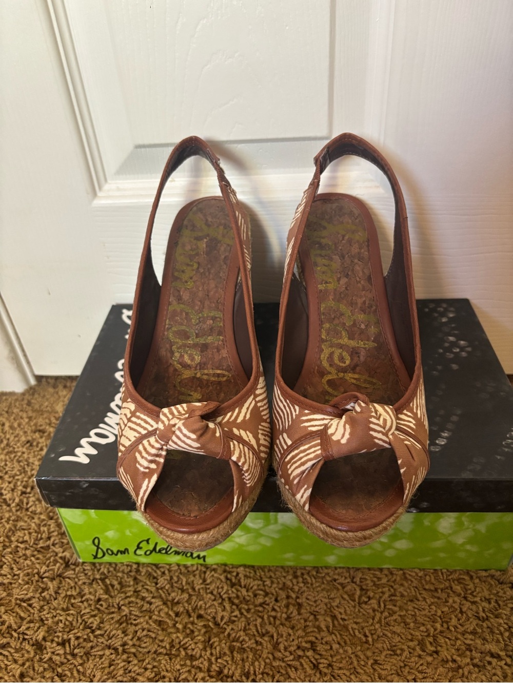 Sam Edelman Brown Patterned Knotted Peep-Toe Slingback Wedges